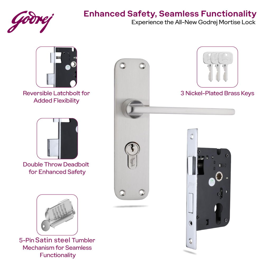 Godrej Mortise Lock | BM 10 Handle Lock Set| 200 mm Lockbody | Europrofile Cylinder 60mm Knob from Inside | for Home and Office | Satin Steel Finish | 3 Keys | Double Throw Deadbolt | 5 Year Warranty | 5532