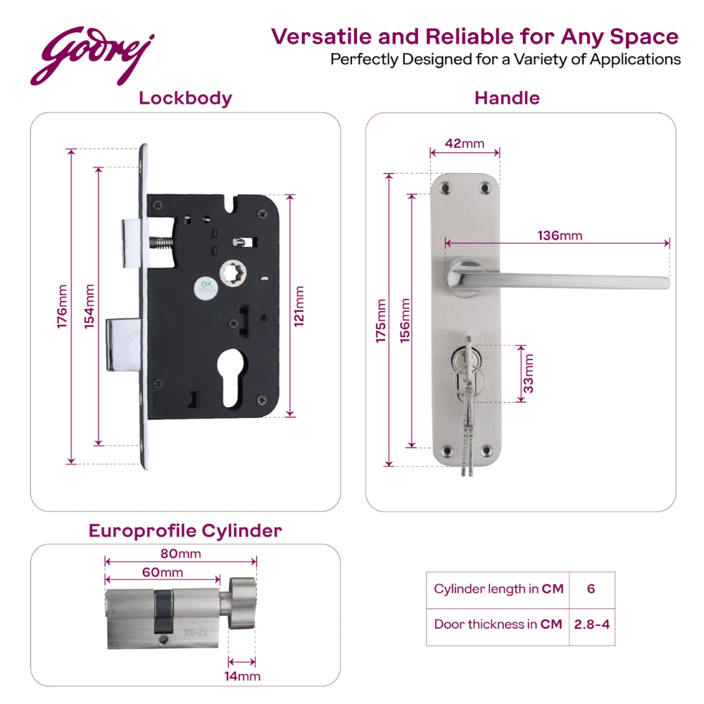 Godrej Mortise Lock | BM 10 Handle Lock Set| 200 mm Lockbody | Europrofile Cylinder 60mm Knob from Inside | for Home and Office | Satin Steel Finish | 3 Keys | Double Throw Deadbolt | 5 Year Warranty | 5532