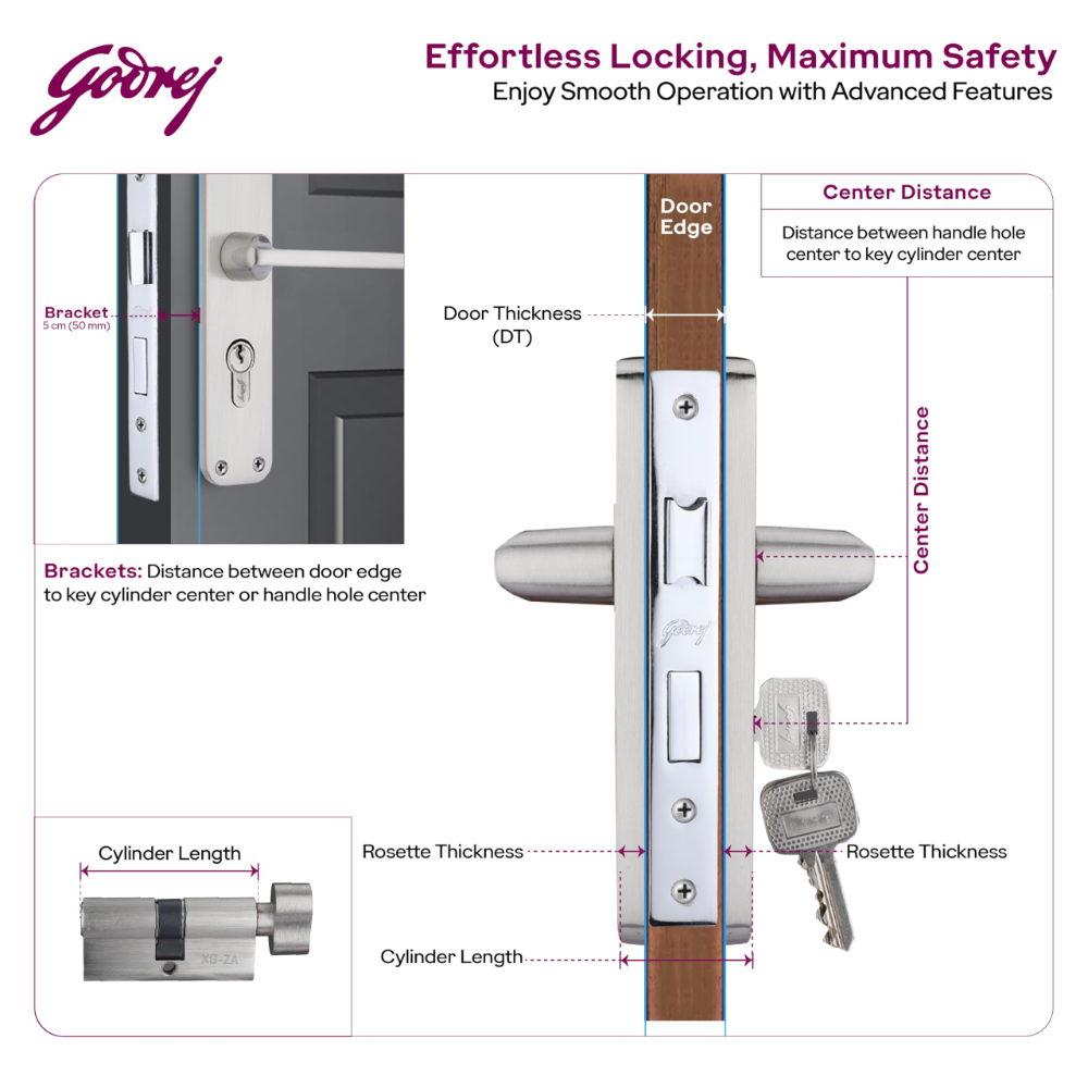 Godrej Mortise Lock | BM 10 Handle Lock Set| 200 mm Lockbody | Europrofile Cylinder 60mm Knob from Inside | for Home and Office | Satin Steel Finish | 3 Keys | Double Throw Deadbolt | 5 Year Warranty | 5532