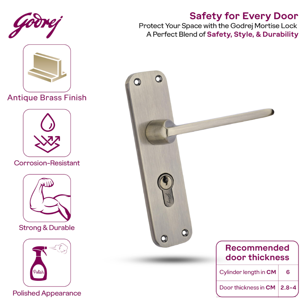 Godrej Mortise Lock | BM 10 Handle Lock Set | 200 mm Lockbody | Europrofile Cylinder 60mm Knob from Inside | for Home and Office | Antique Brass Finish | 3Keys | Double Throw Deadbolt | 5year Warranty | 5536