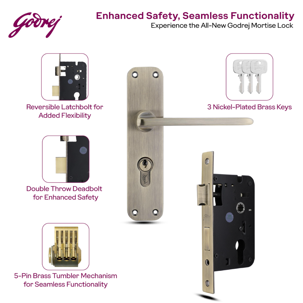 Godrej Mortise Lock | BM 10 Handle Lock Set | 200 mm Lockbody | Europrofile Cylinder 60mm Knob from Inside | for Home and Office | Antique Brass Finish | 3Keys | Double Throw Deadbolt | 5year Warranty | 5536