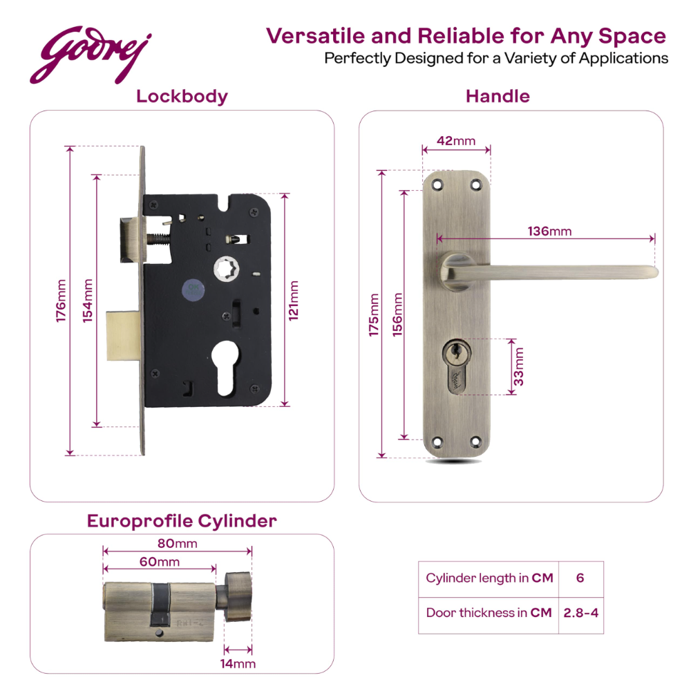 Godrej Mortise Lock | BM 10 Handle Lock Set | 200 mm Lockbody | Europrofile Cylinder 60mm Knob from Inside | for Home and Office | Antique Brass Finish | 3Keys | Double Throw Deadbolt | 5year Warranty | 5536