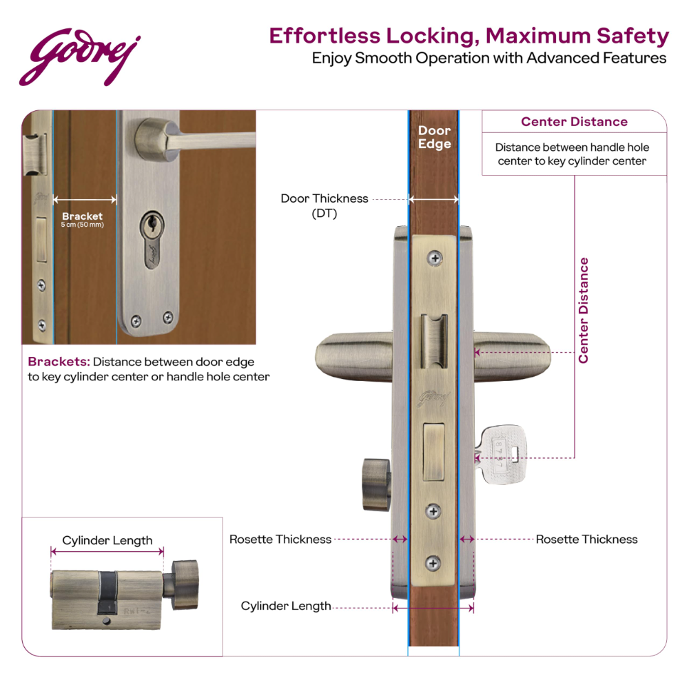 Godrej Mortise Lock | BM 10 Handle Lock Set | 200 mm Lockbody | Europrofile Cylinder 60mm Knob from Inside | for Home and Office | Antique Brass Finish | 3Keys | Double Throw Deadbolt | 5year Warranty | 5536