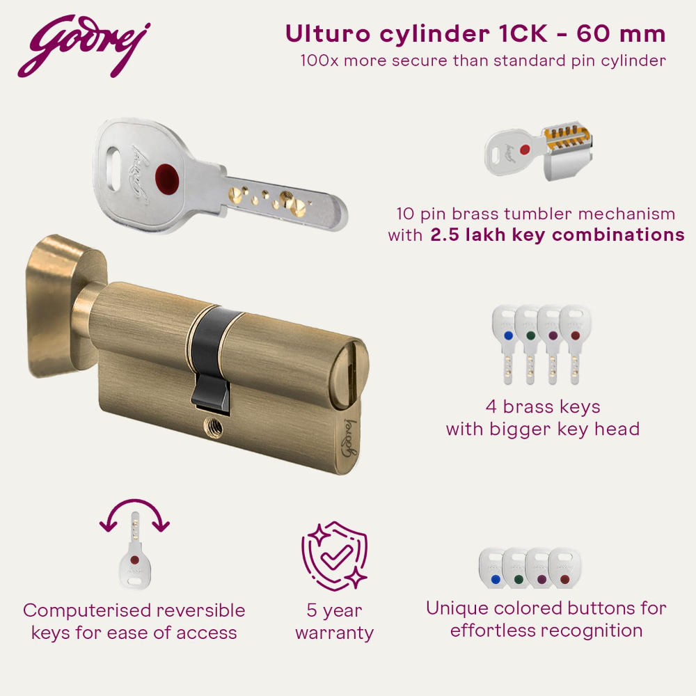Godrej Cylinder | Europrofile Ulturo XL Plus  | 1CK 60mm | Antique Brass Finish | Door Thickness Upto 40mm | 4 Keys| 4235