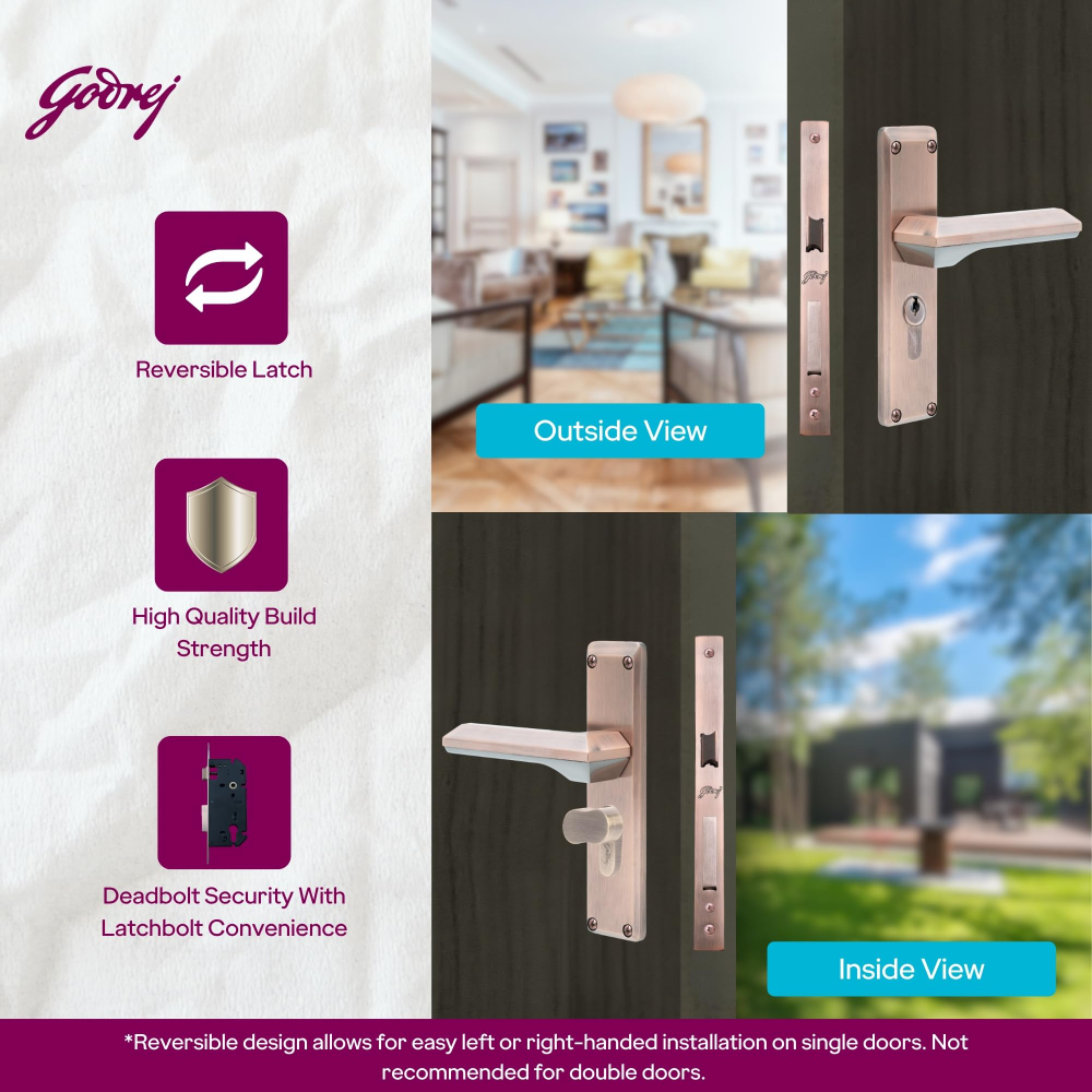 Godrej Mortise Lock | 200mm Plate | 5inch Handle | NEH 23 | Double Throw Deadbolt | 3 Keys | Reversible Left or Right Handed | Door Lock for Home, Main Door | Black Antique Copper Finish | 5 Yr Warranty | 8950