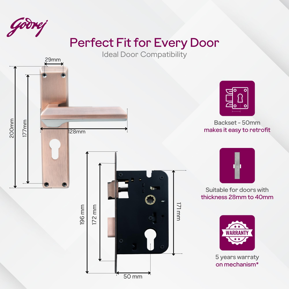 Godrej Mortise Lock | 200mm Plate | 5inch Handle | NEH 23 | Double Throw Deadbolt | 3 Keys | Reversible Left or Right Handed | Door Lock for Home, Main Door | Black Antique Copper Finish | 5 Yr Warranty | 8950