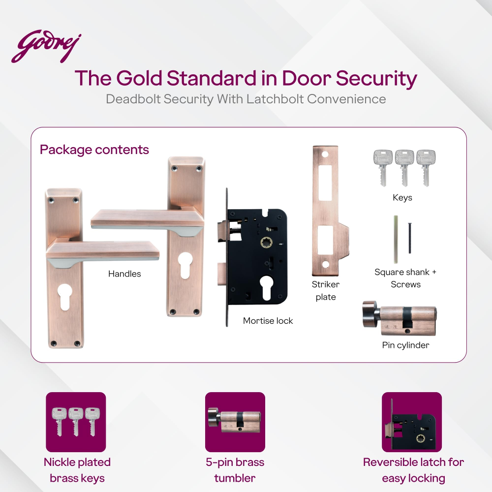 Godrej Mortise Lock | 200mm Plate | 5inch Handle | NEH 23 | Double Throw Deadbolt | 3 Keys | Reversible Left or Right Handed | Door Lock for Home, Main Door | Black Antique Copper Finish | 5 Yr Warranty | 8950