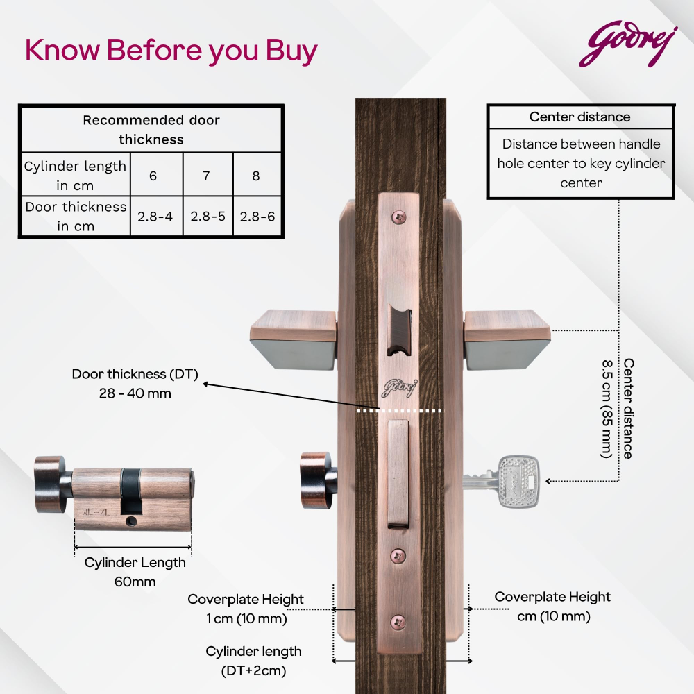 Godrej Mortise Lock | 200mm Plate | 5inch Handle | NEH 23 | Double Throw Deadbolt | 3 Keys | Reversible Left or Right Handed | Door Lock for Home, Main Door | Black Antique Copper Finish | 5 Yr Warranty | 8950
