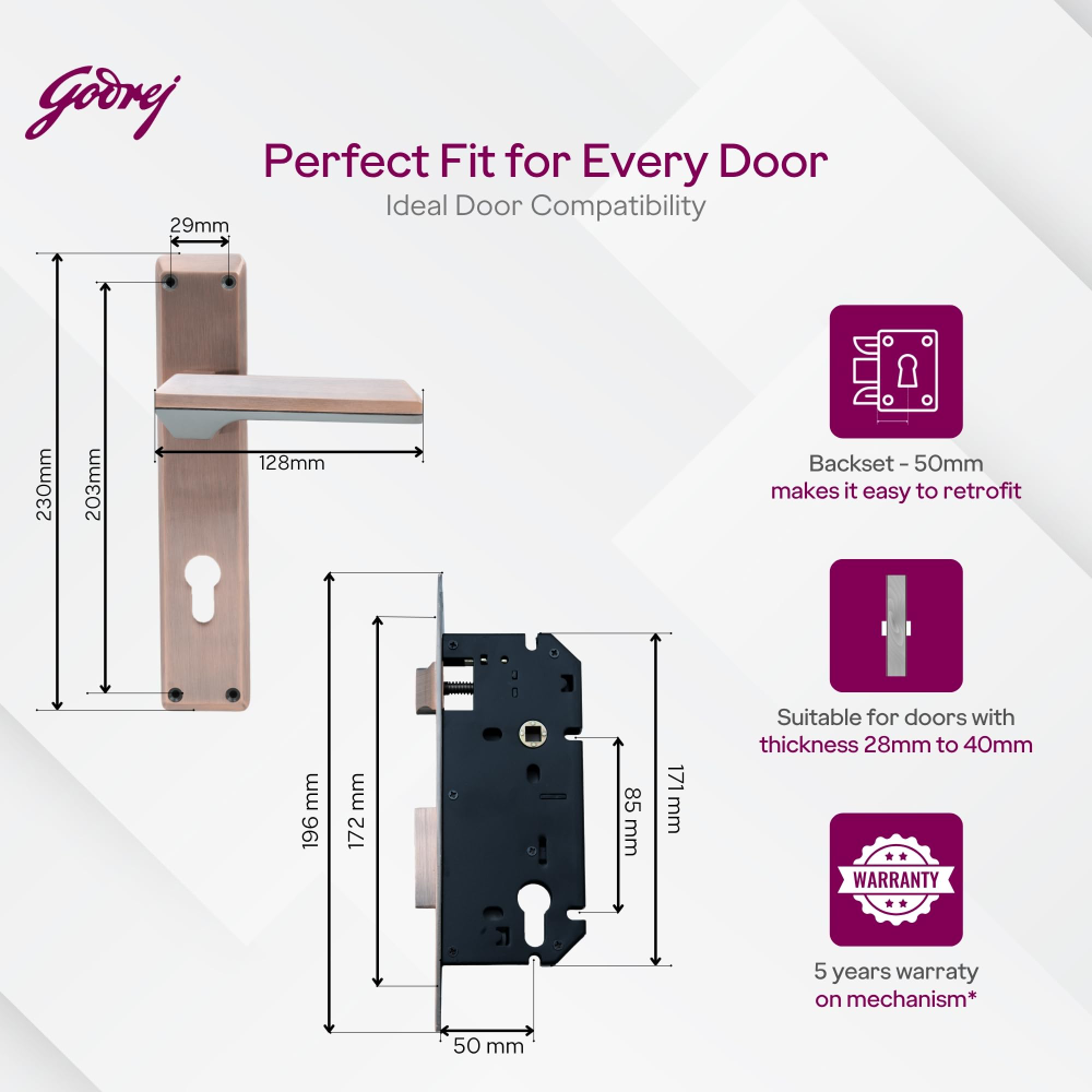 Godrej Mortise Lock | 240mm Plate | 5inch Handle | NEH 23 | Double Throw Deadbolt | 3 Keys | Reversible Left or Right Handed | Door Lock for Home, Main Door | Black Antique Copper Finish | 5 Yr Warranty | 8948