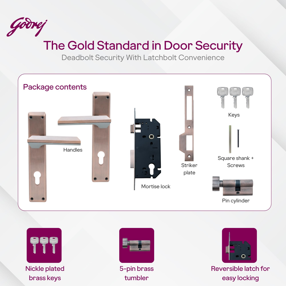 Godrej Mortise Lock | 240mm Plate | 5inch Handle | NEH 23 | Double Throw Deadbolt | 3 Keys | Reversible Left or Right Handed | Door Lock for Home, Main Door | Black Antique Copper Finish | 5 Yr Warranty | 8948