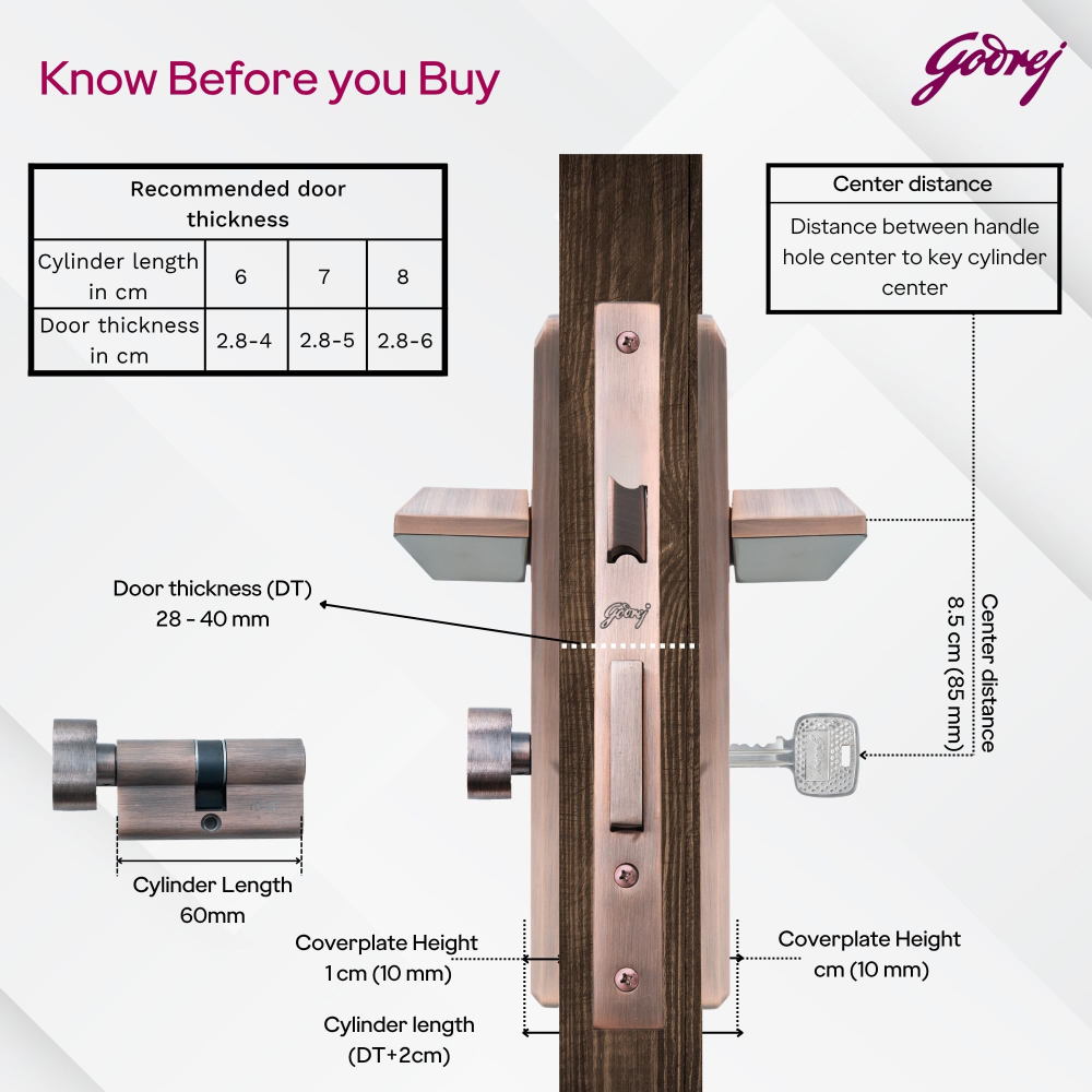 Godrej Mortise Lock | 240mm Plate | 5inch Handle | NEH 23 | Double Throw Deadbolt | 3 Keys | Reversible Left or Right Handed | Door Lock for Home, Main Door | Black Antique Copper Finish | 5 Yr Warranty | 8948