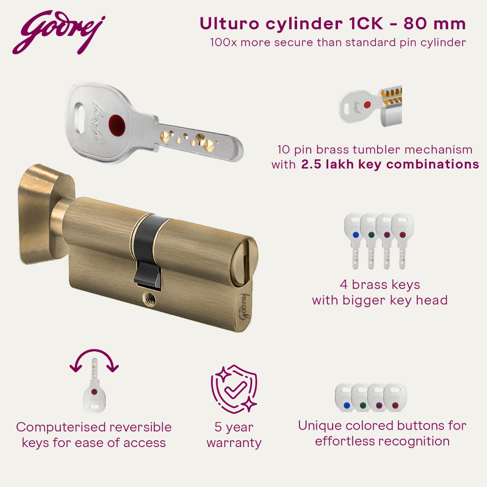 Godrej Europrofile Ulturo XLplus  for Main Doors and  interconnecting Doors | 1CK 80mm | Antique Brass Finish | Door Thickness Upto 50mm | 4 Keys | 5 Years | 5132