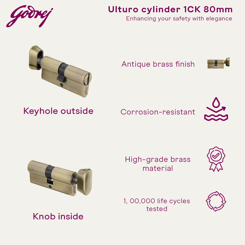 Godrej Europrofile Ulturo XLplus  for Main Doors and  interconnecting Doors | 1CK 80mm | Antique Brass Finish | Door Thickness Upto 50mm | 4 Keys | 5 Years | 5132
