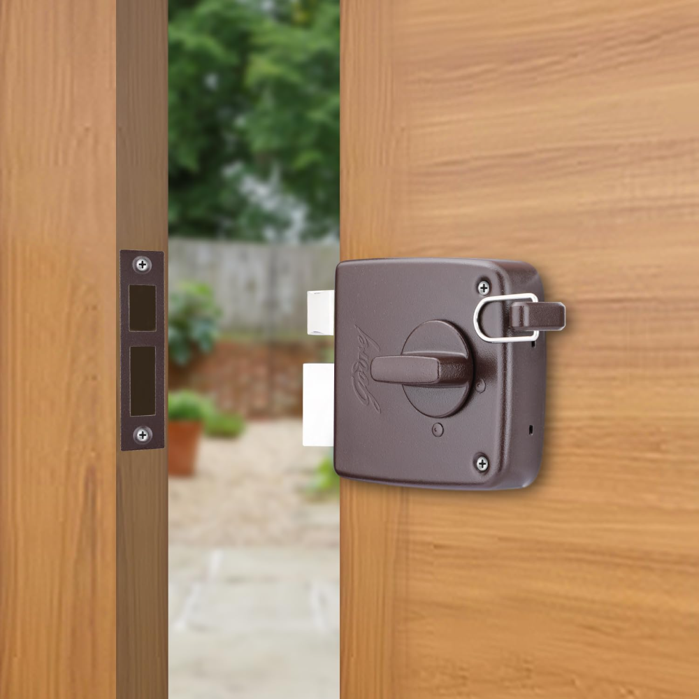 Godrej Rim Lock | Twin Bolt | Compact 1Ck Latch Bolt | for Outside Opening Wooden Doors | Left or Right Handed Doors | Home Main Door | 3 Keys | Textured Brown Finish | 1 Year Warranty | 7304