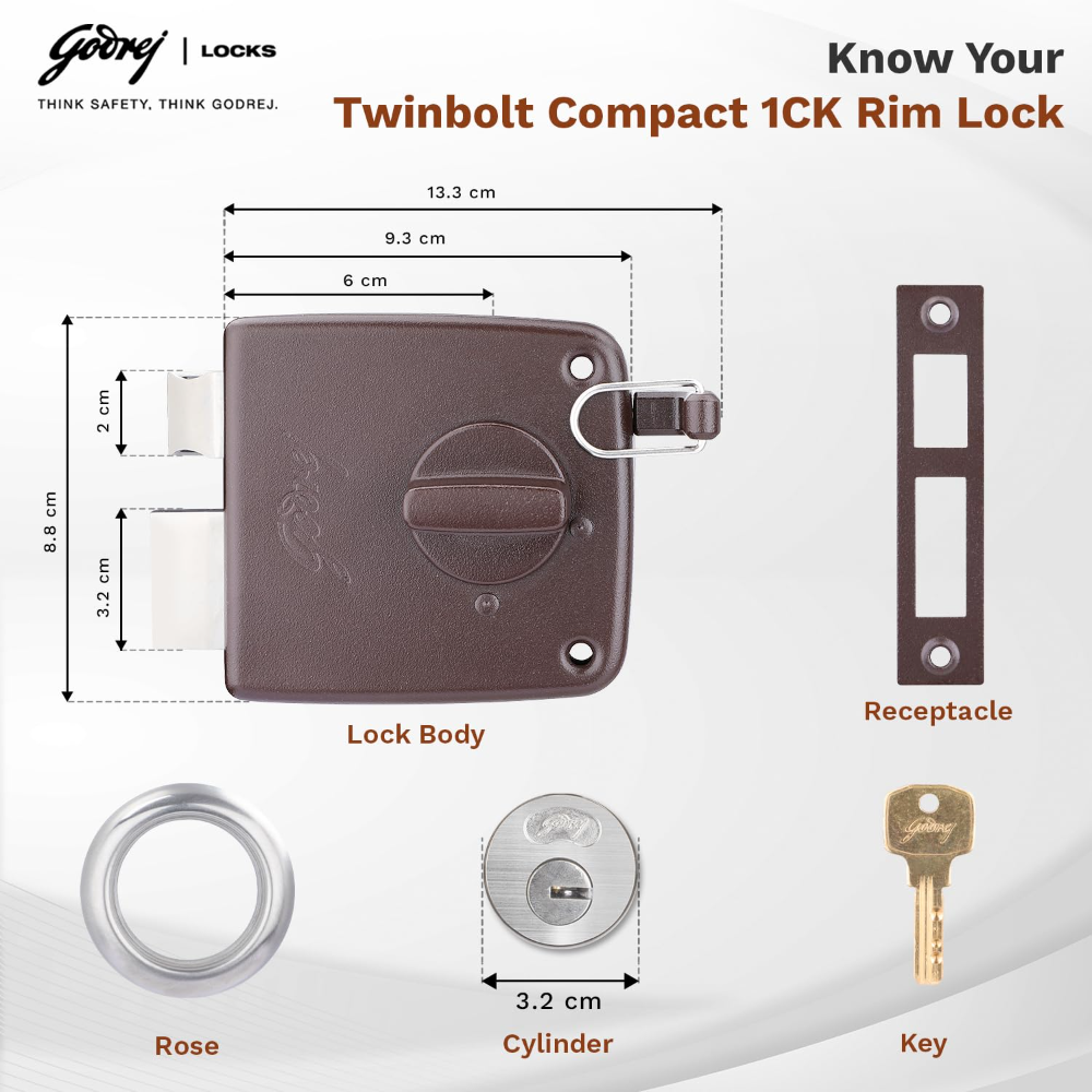 Godrej Rim Lock | Twin Bolt | Compact 1Ck Latch Bolt | for Outside Opening Wooden Doors | Left or Right Handed Doors | Home Main Door | 3 Keys | Textured Brown Finish | 1 Year Warranty | 7304