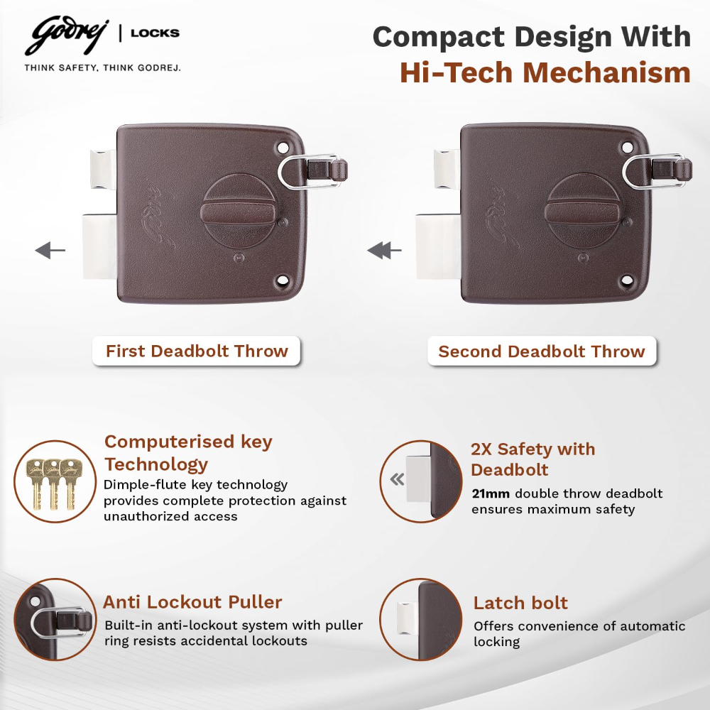 Godrej Rim Lock | Twin Bolt | Compact 1Ck Latch Bolt | for Outside Opening Wooden Doors | Left or Right Handed Doors | Home Main Door | 3 Keys | Textured Brown Finish | 1 Year Warranty | 7304