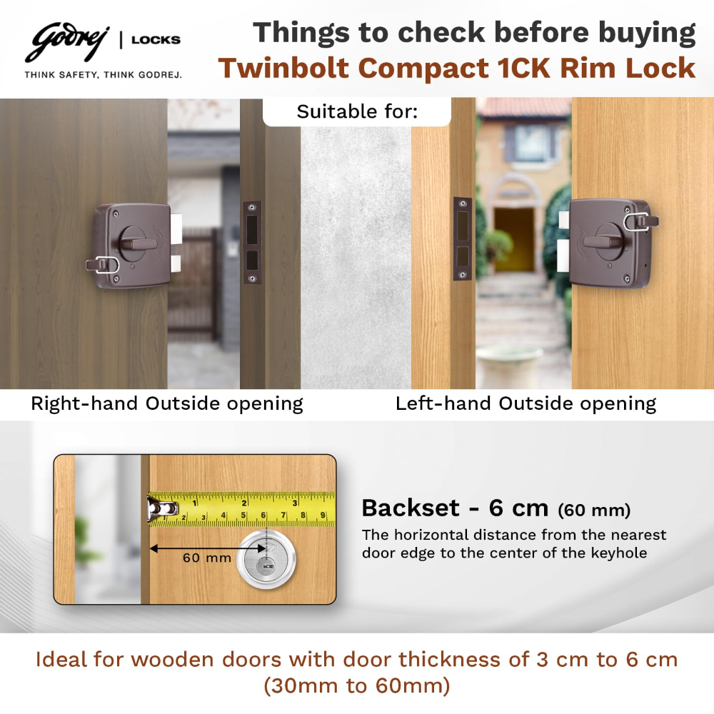 Godrej Rim Lock | Twin Bolt | Compact 1Ck Latch Bolt | for Outside Opening Wooden Doors | Left or Right Handed Doors | Home Main Door | 3 Keys | Textured Brown Finish | 1 Year Warranty | 7304