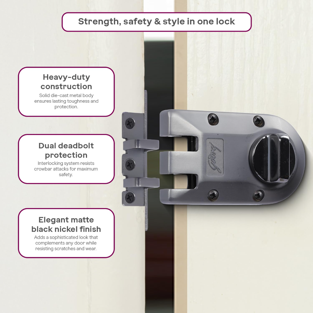 Godrej Rim Lock | Vertibolt Ultra Lock for Wooden Main Door | 1CK Deadbolt | 14 Pin Cylinder | for Inside Opening or Double Door or Sliding Door | 4 Keys | 5Yr Warranty | Manual Locking | Matte Black Nickel | 6048