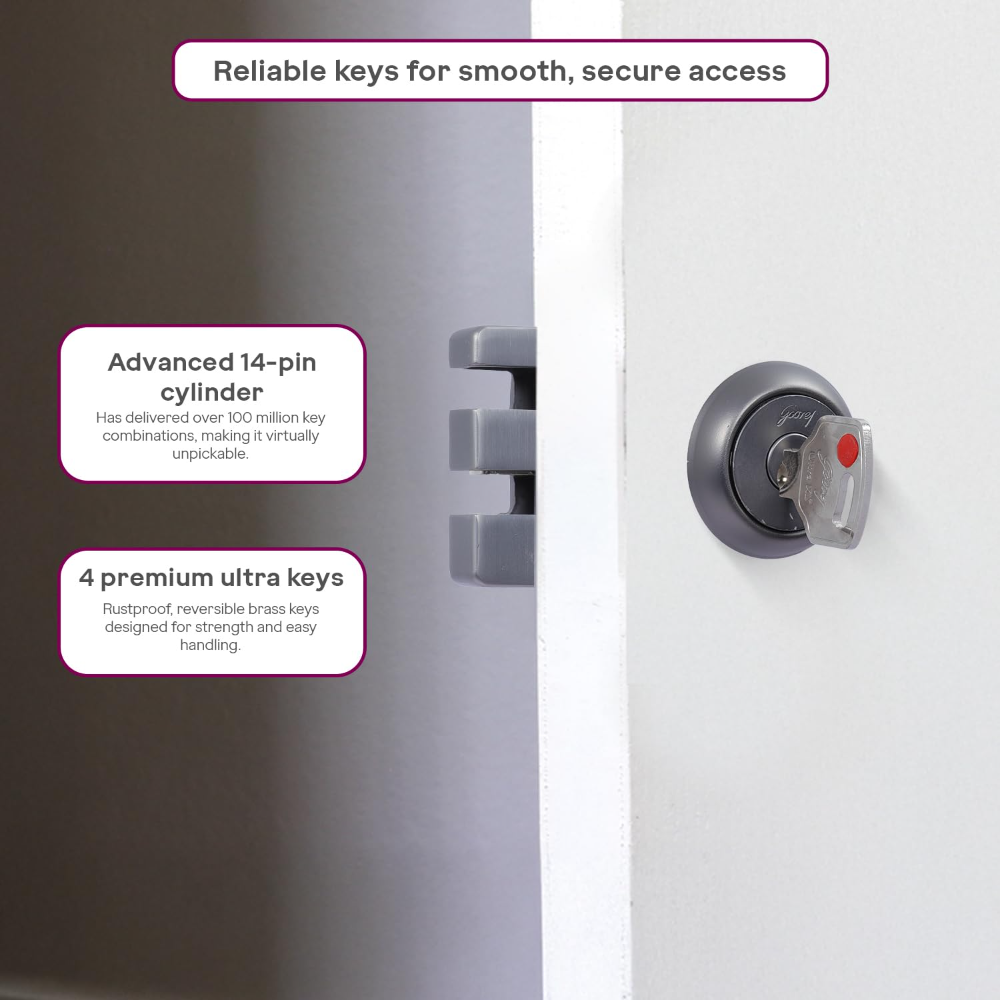 Godrej Rim Lock | Vertibolt Ultra Lock for Wooden Main Door | 1CK Deadbolt | 14 Pin Cylinder | for Inside Opening or Double Door or Sliding Door | 4 Keys | 5Yr Warranty | Manual Locking | Matte Black Nickel | 6048
