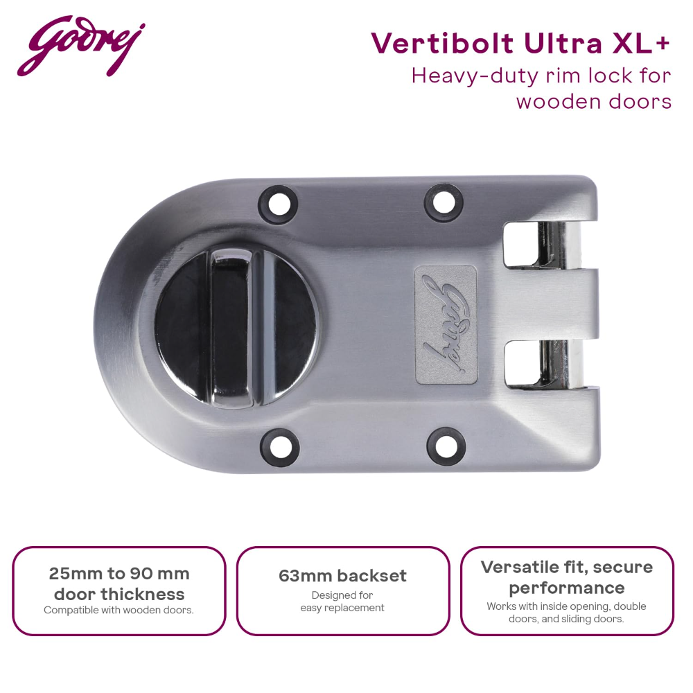 Godrej Rim Lock | Vertibolt Ultra Lock for Wooden Main Door | 1CK Deadbolt | 14 Pin Cylinder | for Inside Opening or Double Door or Sliding Door | 4 Keys | 5Yr Warranty | Manual Locking | Matte Black Nickel | 6048