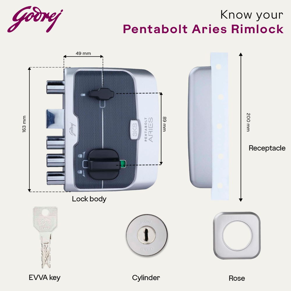 Godrej Rim Lock | Pentabolt Aries 3KS | 5 Bolts | 1CK Deadbolt | for Inside Opening Door | Left or Right Handed Doors | 4 Keys | 15 Year Warranty | Manual Locking | Roman Silver Finish | 6360