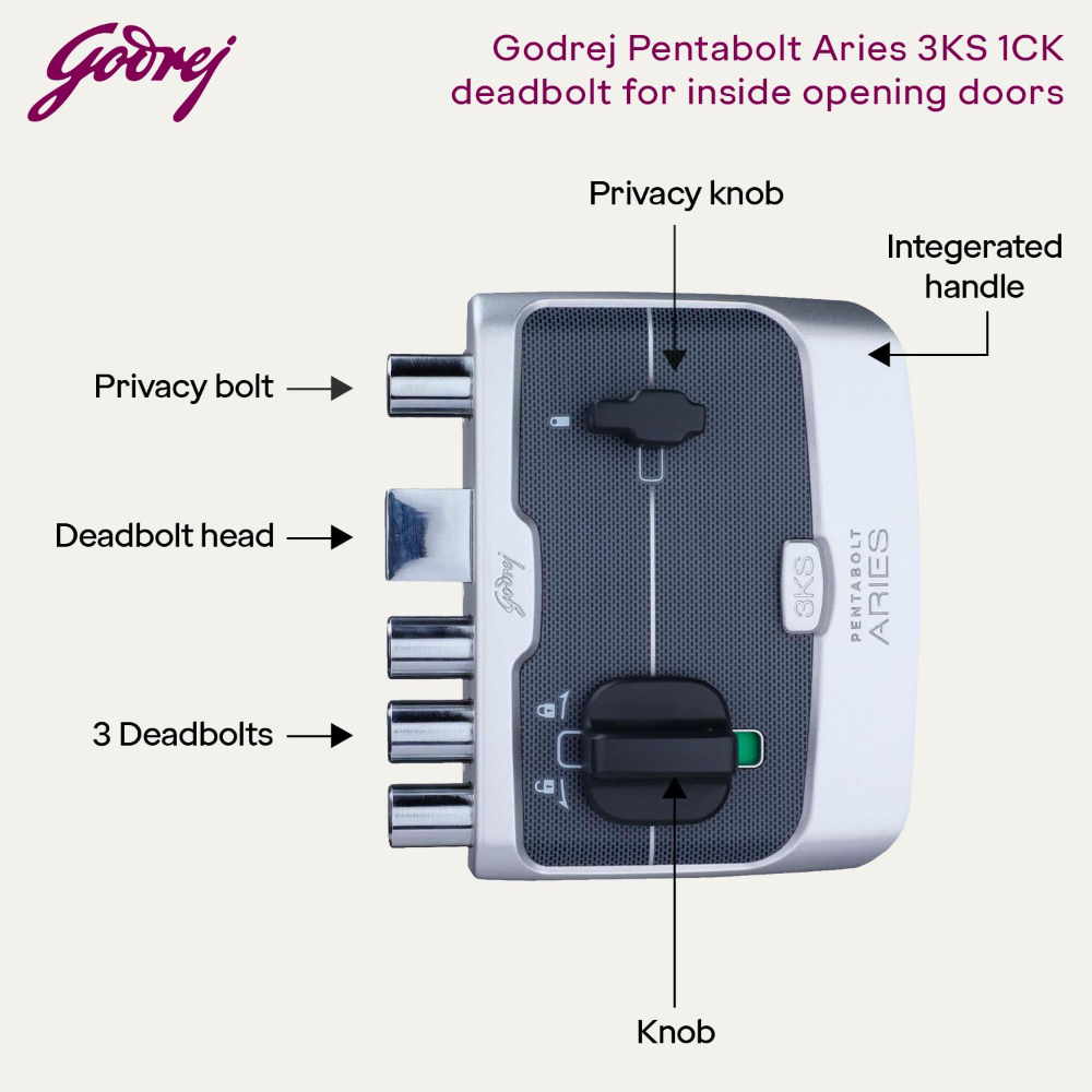 Godrej Rim Lock | Pentabolt Aries 3KS | 5 Bolts | 1CK Deadbolt | for Inside Opening Door | Left or Right Handed Doors | 4 Keys | 15 Year Warranty | Manual Locking | Roman Silver Finish | 6360