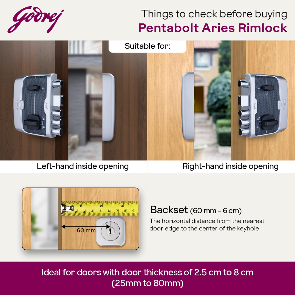 Godrej Rim Lock | Pentabolt Aries 3KS | 5 Bolts | 1CK Deadbolt | for Inside Opening Door | Left or Right Handed Doors | 4 Keys | 15 Year Warranty | Manual Locking | Roman Silver Finish | 6360