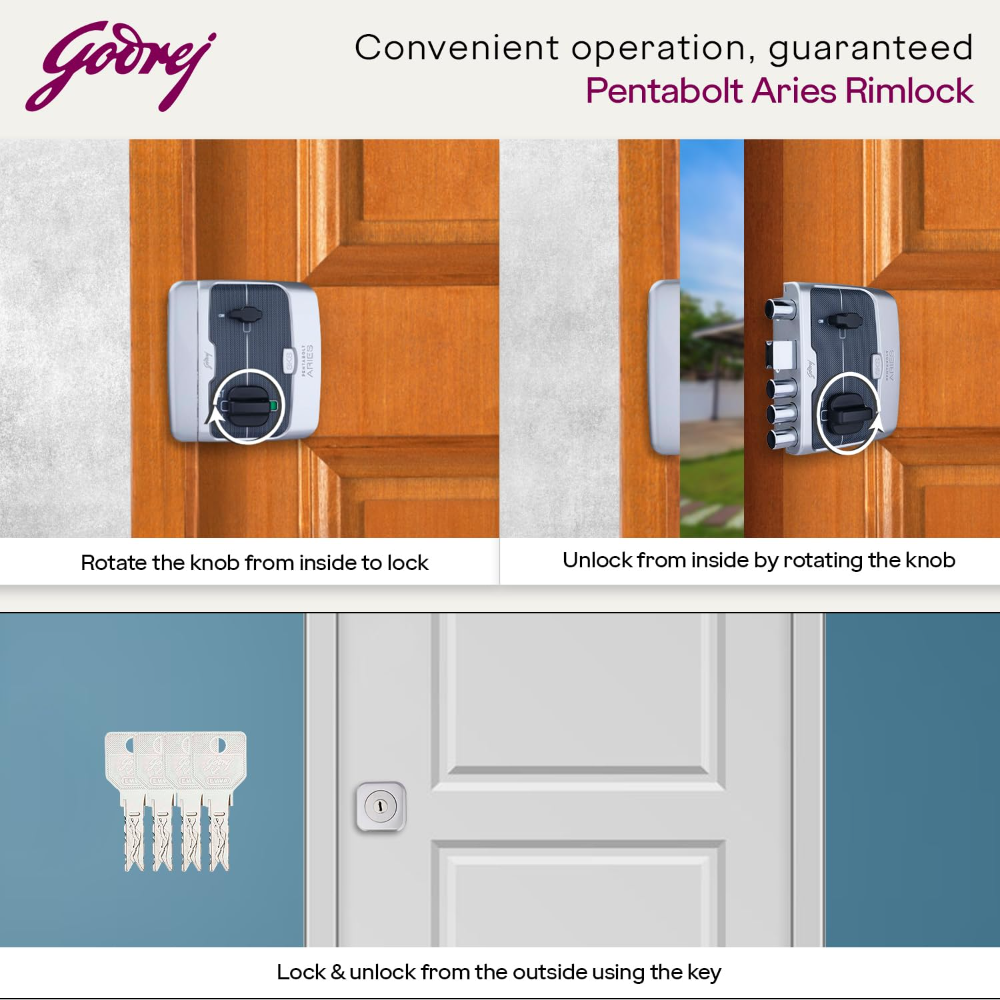 Godrej Rim Lock | Pentabolt Aries 3KS | 5 Bolts | 1CK Deadbolt | for Inside Opening Door | Left or Right Handed Doors | 4 Keys | 15 Year Warranty | Manual Locking | Roman Silver Finish | 6360
