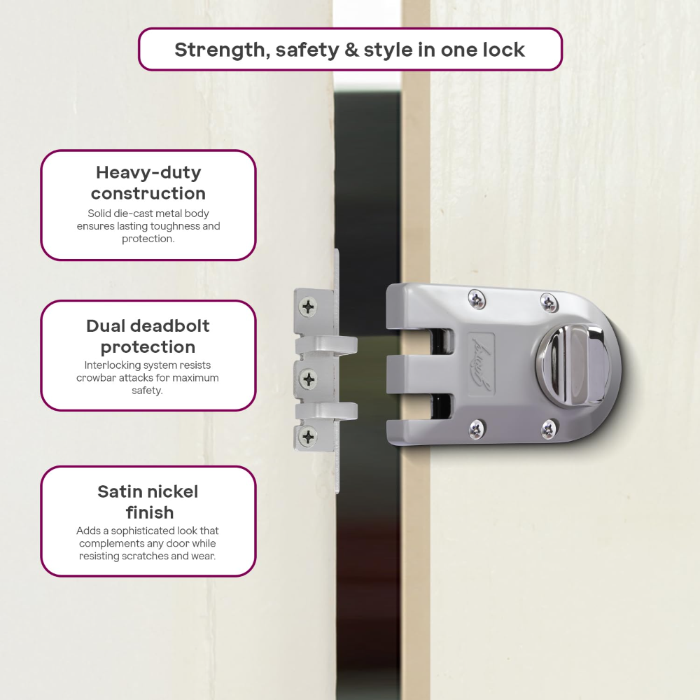 Godrej Rim Lock | Vertibolt Ultra XL plus  Lock for Wooden Main Door | 1CK Deadbolt | 14 Pin Cylinder | for Inside Opening or Double Door or Sliding Door | 4 Keys | 5 Yr Warranty | Manual Locking | Satin Nickel | 6001