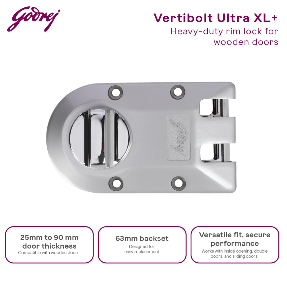 Godrej Rim Lock | Vertibolt Ultra XL plus  Lock for Wooden Main Door | 1CK Deadbolt | 14 Pin Cylinder | for Inside Opening or Double Door or Sliding Door | 4 Keys | 5 Yr Warranty | Manual Locking | Satin Nickel | 6001