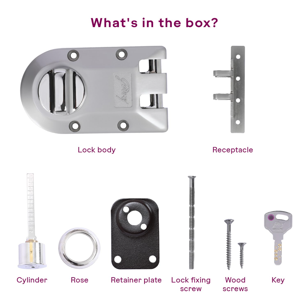 Godrej Rim Lock | Vertibolt Ultra XL plus  Lock for Wooden Main Door | 1CK Deadbolt | 14 Pin Cylinder | for Inside Opening or Double Door or Sliding Door | 4 Keys | 5 Yr Warranty | Manual Locking | Satin Nickel | 6001