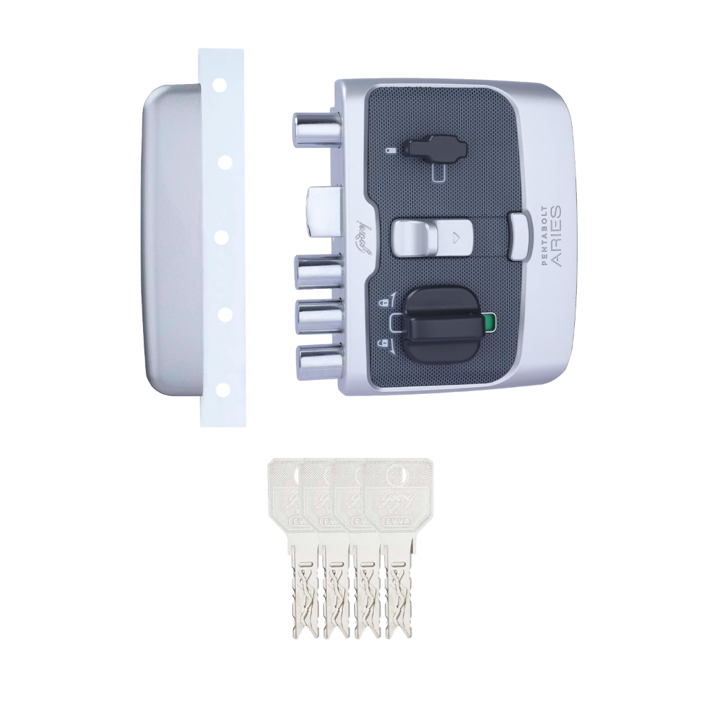 Godrej Rim Lock I Pentabolt Aries 3KS I 5 Bolts I 1CK Latchbolt I for Main Door I for Inside Opening Door l Left or Right Handed Doors I 4Keys I 15Year Warranty I Automatic Locking I Roman Silver Finish|6359