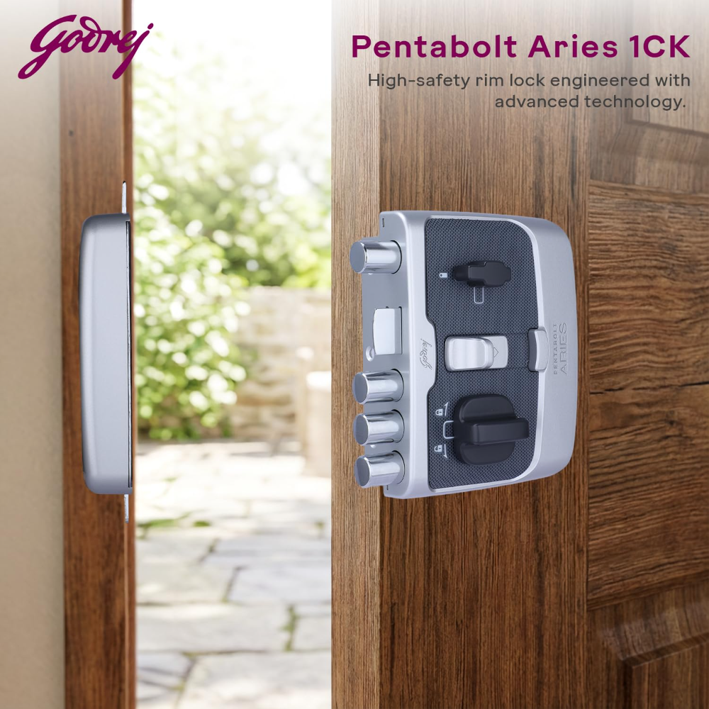 Godrej Rim Lock I Pentabolt Aries 3KS I 5 Bolts I 1CK Latchbolt I for Main Door I for Inside Opening Door l Left or Right Handed Doors I 4Keys I 15Year Warranty I Automatic Locking I Roman Silver Finish|6359