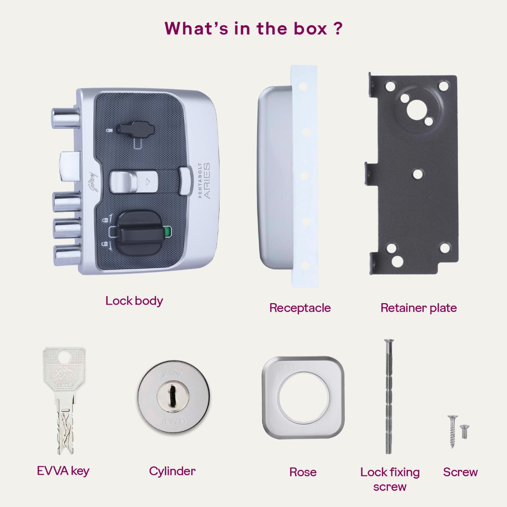 Godrej Rim Lock I Pentabolt Aries 3KS I 5 Bolts I 1CK Latchbolt I for Main Door I for Inside Opening Door l Left or Right Handed Doors I 4Keys I 15Year Warranty I Automatic Locking I Roman Silver Finish|6359