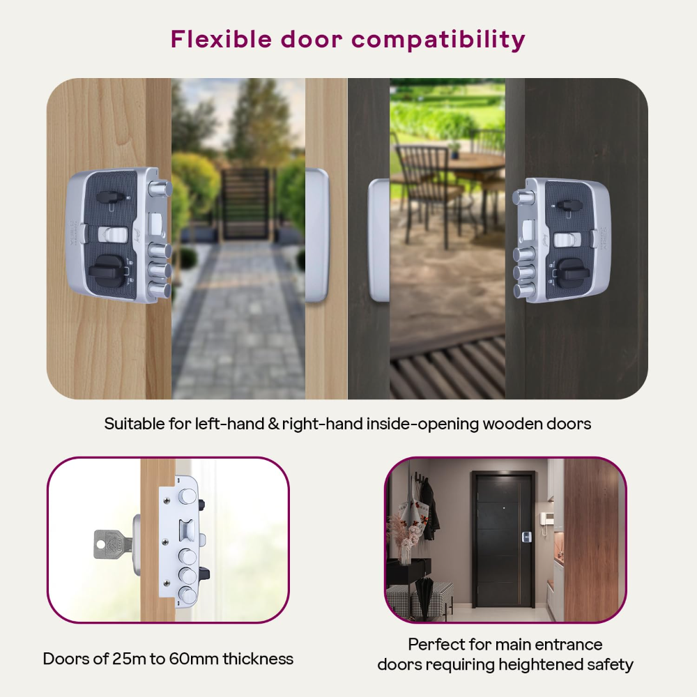 Godrej Rim Lock I Pentabolt Aries 3KS I 5 Bolts I 1CK Latchbolt I for Main Door I for Inside Opening Door l Left or Right Handed Doors I 4Keys I 15Year Warranty I Automatic Locking I Roman Silver Finish|6359