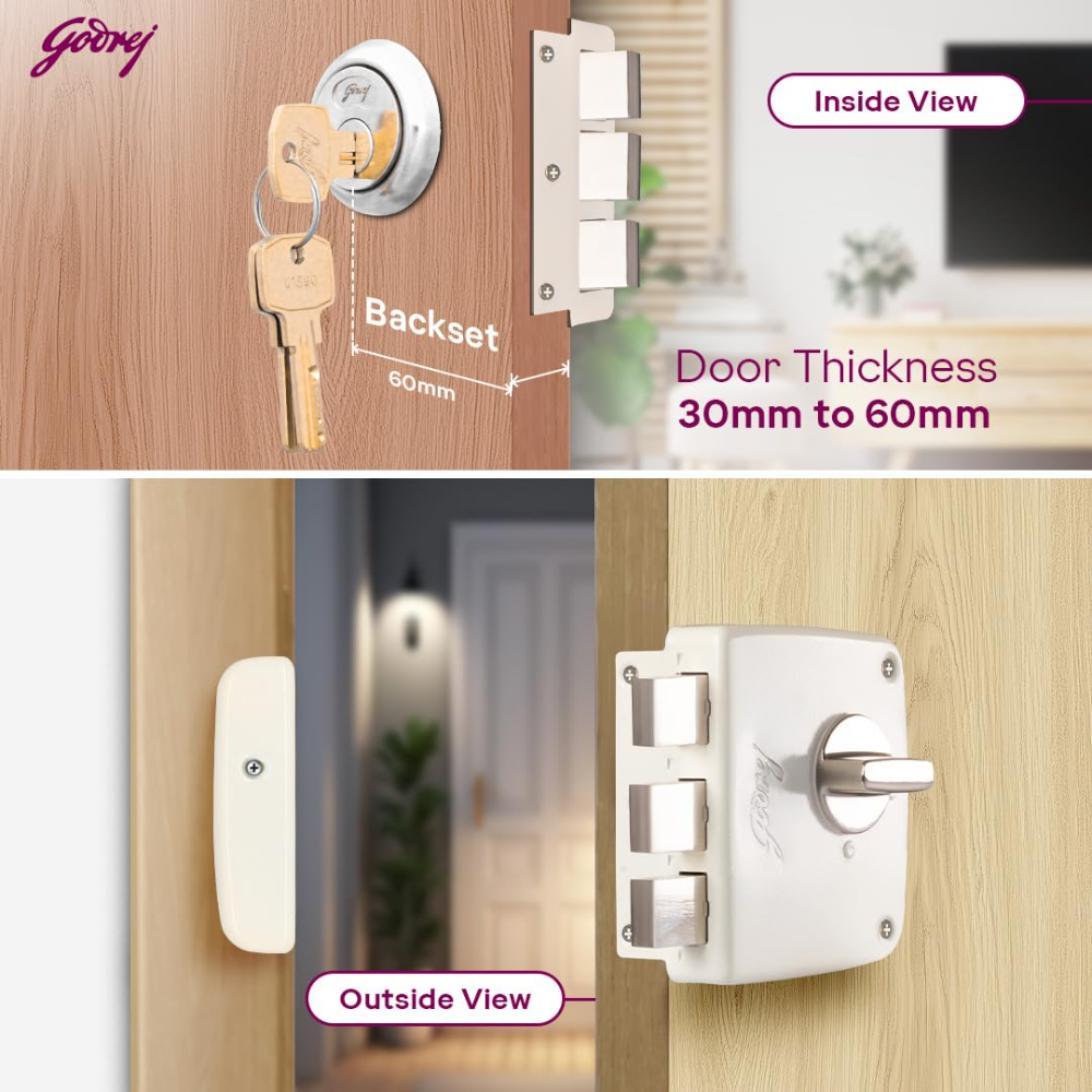 Godrej Rim Lock I Tribolt Compact 1CK Door Lock | Triple Bolt Lock for Wooden Door | 3 Reversible Keys | Puller Ring Anti Lockout |21mm Latchbolt 60mm Backset I 5 Year Warranty | Cool Ivory | 9125