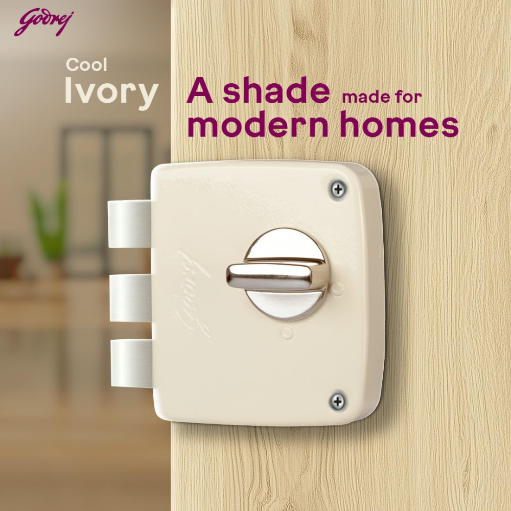 Godrej Rim Lock I Tribolt Compact 1CK Door Lock | Triple Bolt Lock for Wooden Door | 3 Reversible Keys | Puller Ring Anti Lockout |21mm Latchbolt 60mm Backset I 5 Year Warranty | Cool Ivory | 9125