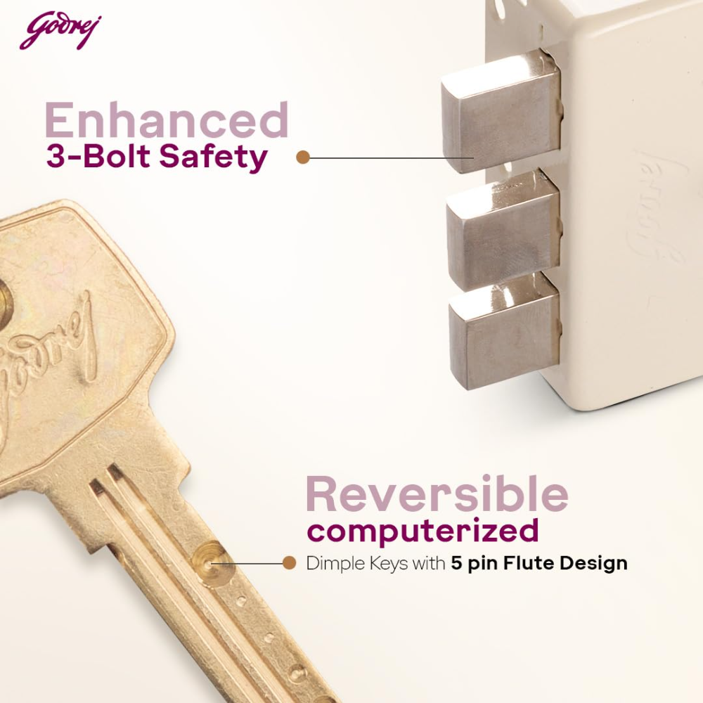 Godrej Rim Lock I Tribolt Compact 1CK Door Lock | Triple Bolt Lock for Wooden Door | 3 Reversible Keys | Puller Ring Anti Lockout |21mm Latchbolt 60mm Backset I 5 Year Warranty | Cool Ivory | 9125