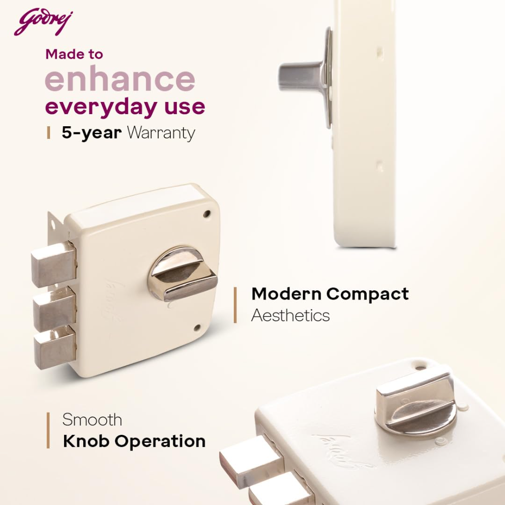 Godrej Rim Lock I Tribolt Compact 1CK Door Lock | Triple Bolt Lock for Wooden Door | 3 Reversible Keys | Puller Ring Anti Lockout |21mm Latchbolt 60mm Backset I 5 Year Warranty | Cool Ivory | 9125