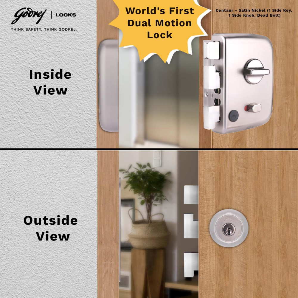 Godrej Rim Lock I Centaur EXS plus  I 1CK Deadbolt I for Inside or Outside Opening Door and Left or Right Handed Doors I 4 Keys I 15 Years Warranty by Godrej I Manual Locking I Satin Nickel Finish | 2551