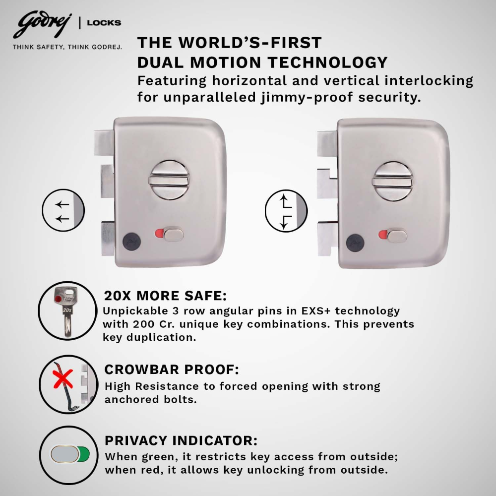 Godrej Rim Lock I Centaur EXS plus  I 1CK Deadbolt I for Inside or Outside Opening Door and Left or Right Handed Doors I 4 Keys I 15 Years Warranty by Godrej I Manual Locking I Satin Nickel Finish | 2551