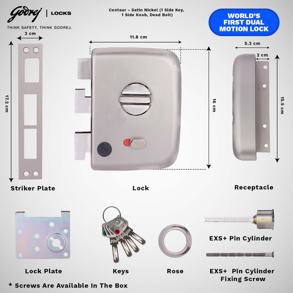 Godrej Rim Lock I Centaur EXS plus  I 1CK Deadbolt I for Inside or Outside Opening Door and Left or Right Handed Doors I 4 Keys I 15 Years Warranty by Godrej I Manual Locking I Satin Nickel Finish | 2551