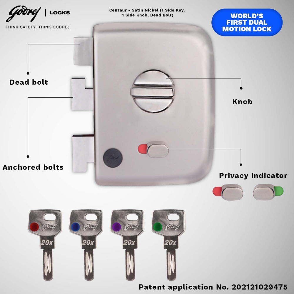 Godrej Rim Lock I Centaur EXS plus  I 1CK Deadbolt I for Inside or Outside Opening Door and Left or Right Handed Doors I 4 Keys I 15 Years Warranty by Godrej I Manual Locking I Satin Nickel Finish | 2551