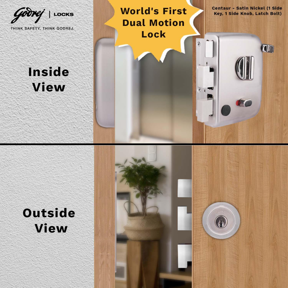 Godrej Rim Lock I Centaur EXS plus I 1Ck Latchbolt | Auto Locking | Suitable for Inside or Outside Opening Doors and Left or Right Handed Doors | Satin Nickel Finish | 4 Keys | 15 Year Warranty | 2550