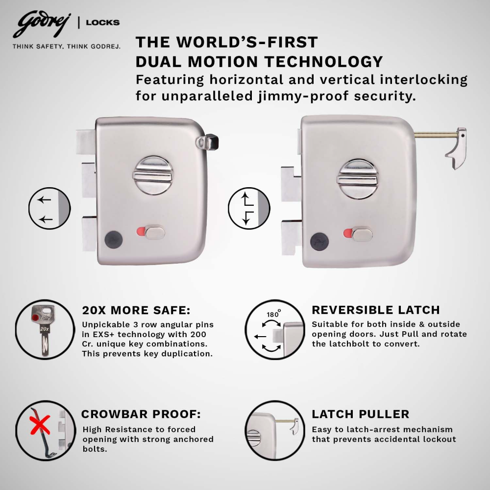 Godrej Rim Lock I Centaur EXS plus I 1Ck Latchbolt | Auto Locking | Suitable for Inside or Outside Opening Doors and Left or Right Handed Doors | Satin Nickel Finish | 4 Keys | 15 Year Warranty | 2550