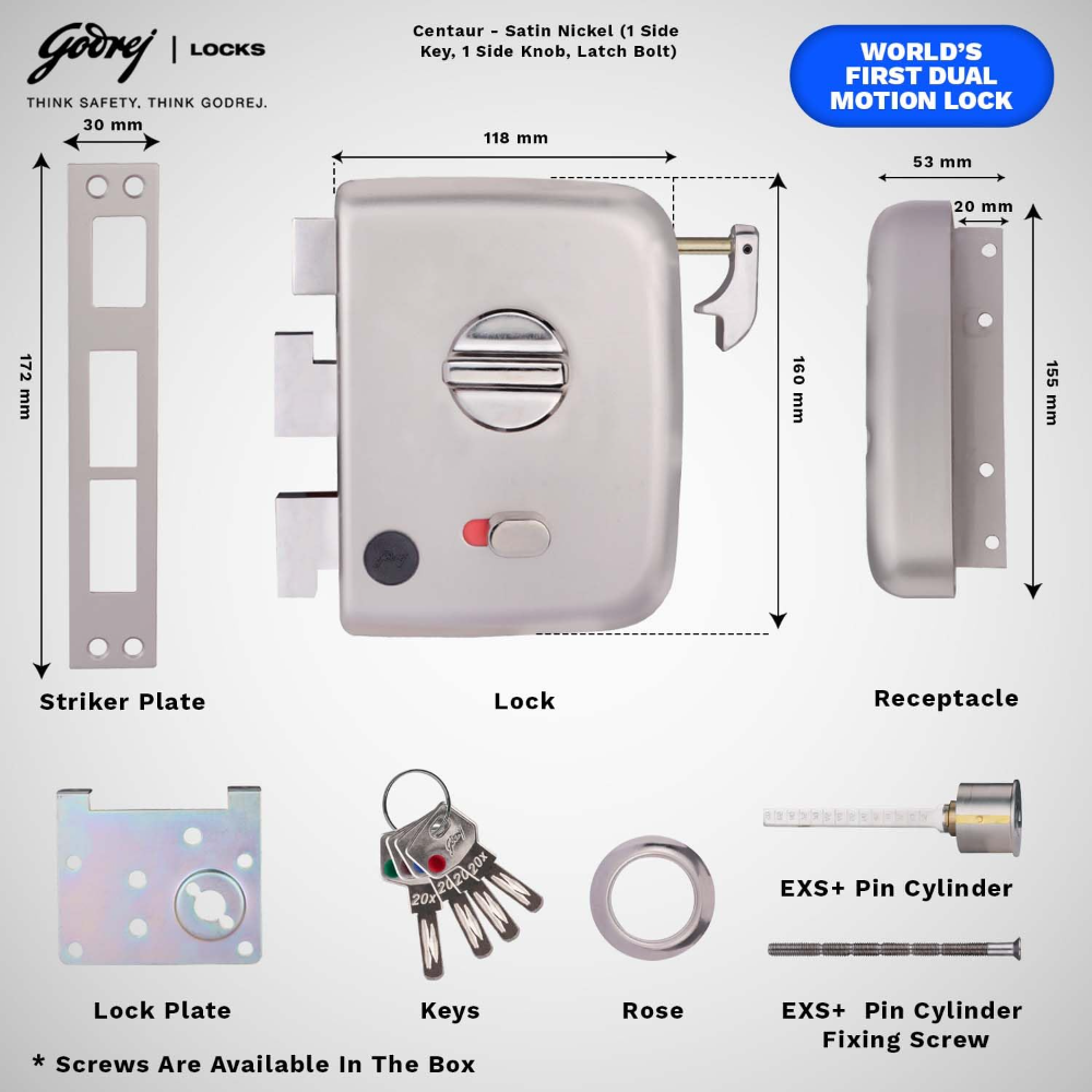 Godrej Rim Lock I Centaur EXS plus I 1Ck Latchbolt | Auto Locking | Suitable for Inside or Outside Opening Doors and Left or Right Handed Doors | Satin Nickel Finish | 4 Keys | 15 Year Warranty | 2550