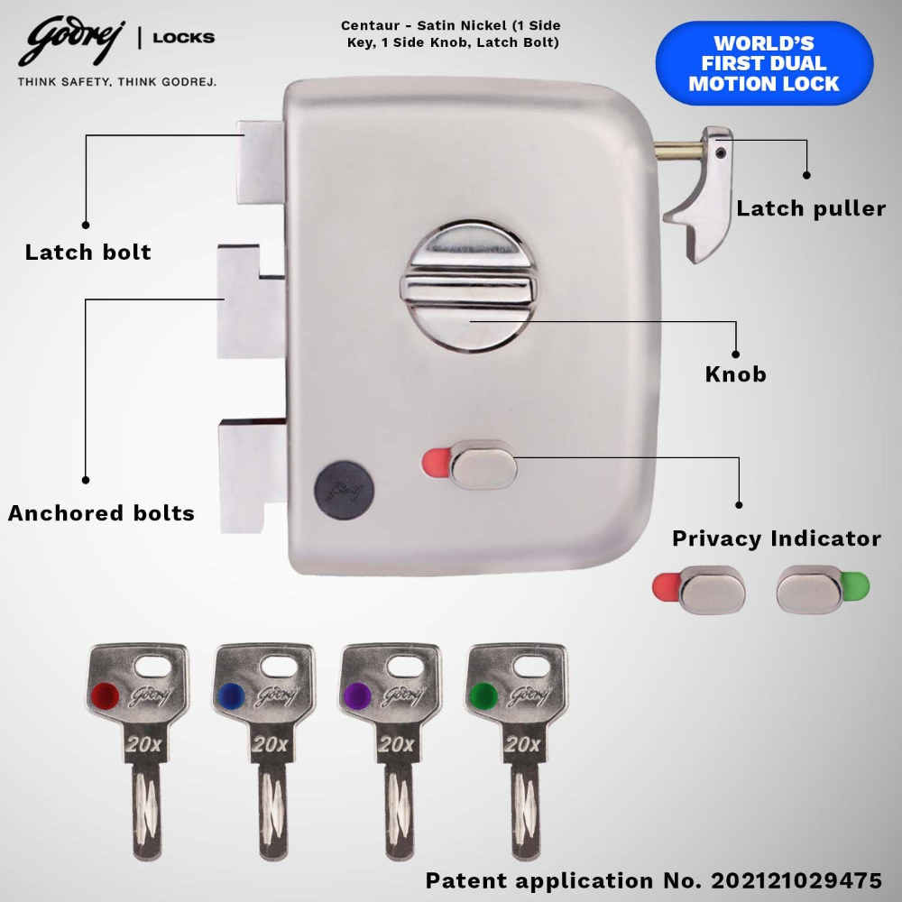 Godrej Rim Lock I Centaur EXS plus I 1Ck Latchbolt | Auto Locking | Suitable for Inside or Outside Opening Doors and Left or Right Handed Doors | Satin Nickel Finish | 4 Keys | 15 Year Warranty | 2550