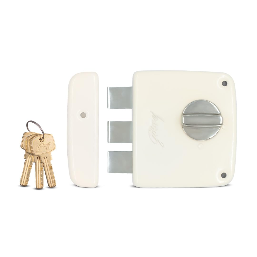 Godrej Rim Lock I Tribolt Compact 1CK Door Lock | Triple Bolt Lock for Wooden Door | 3 Reversible Keys | 21mm Deadbolt 60mm Backset I 5 Year Warranty | Cool Ivory| 9126