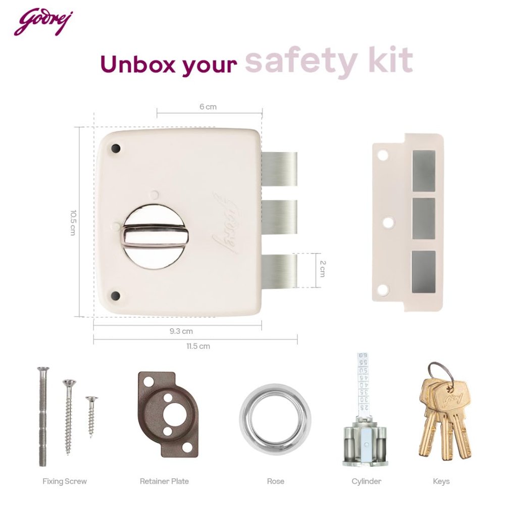 Godrej Rim Lock I Tribolt Compact 1CK Door Lock | Triple Bolt Lock for Wooden Door | 3 Reversible Keys | 21mm Deadbolt 60mm Backset I 5 Year Warranty | Cool Ivory| 9126