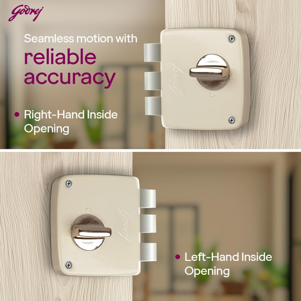 Godrej Rim Lock I Tribolt Compact 1CK Door Lock | Triple Bolt Lock for Wooden Door | 3 Reversible Keys | 21mm Deadbolt 60mm Backset I 5 Year Warranty | Cool Ivory| 9126